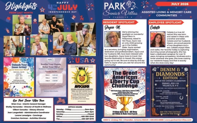 July 2026 promotional highlights page for Park Senior Villas Chandler Assisted Living and Memory Care Communities, designed with a patriotic blue background and fireworks. The left side shows a collage of smiling residents and staff enjoying summer activities and meals. Below are posters for “Unleash Your Inner Artist” World Watercolor Month on July 8, a hand massage and relaxation event on July 16, and a National Avocado Day celebration on July 31. Bottom left includes an “Our Park Senior Villas Team” box with staff names and roles, plus an office hours box with weekday and Saturday hours and office and fax numbers. The right side features the Park Senior Villas Chandler logo and profile panels for resident Joyce M. and employee Celeste, each with a portrait and biography. At the bottom right are posters for the Great American Liberty Cup Challenge on July 3 and Denim & Diamonds Western Day on Friday, July 24 in Villas A, B and G, with all-day western dress competition, morning roundup, chow time, afternoon showdown and s’mores bar. The footer includes the Chandler address, phone number and website.