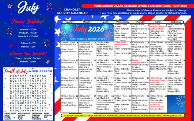 July 2026 Chandler Activity Calendar for Park Senior Villas Assisted Living and Memory Care, styled with patriotic stars, fireworks and a red, white and blue banner. The left panel lists resident birthdays for Helen H., Phillip M. and Beverly P., and staff birthdays for Colleen F. and Maria D. A welcome section introduces new residents Joyce, Lenda, Connie, Bobbie and Alma. A Fourth of July word search fills the lower-left corner. The main calendar on the right includes daily activities such as church services, watercolor, painting, easy bingo, fitness, music, animal bingo, mahjong, games and trivia. Highlighted events include the Great American Liberty Cup Challenge on July 3, Word Watercolor Month on July 8, massages on July 16, Denim and Diamonds Western Day on July 24, and National Avocado Day on July 31 with avocado toast bar. A footer notes that activities are subject to change and provides Gretchen Hartman’s contact information.