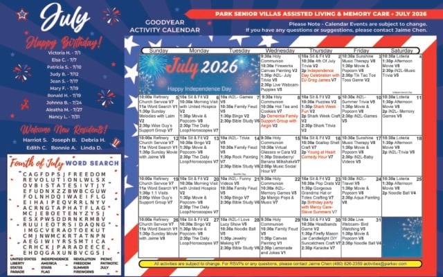 July 2026 Goodyear Activity Calendar for Park Senior Villas Assisted Living and Memory Care, designed in a patriotic red, white and blue theme with fireworks, stars and stripes. The left panel lists July birthdays for Victoria H., Elsa C., Patricia S., Judy B., Jean S., Mary F., Ronald H., Johnna D., Aleatha M. and Nancy L., plus a welcome section for new residents Harriot S., Joseph B., Debria H., Edith C., Bonnie A. and Linda D. A Fourth of July word search fills the lower-left corner. The main monthly calendar on the right includes daily activities such as Holy Communion, bingo, movie and popcorn, Bible study, trivia, music therapy, Sit & Fit, games, Bible study, live webcam puppies, and one-on-one visits. Highlighted events include an Independence Day celebration with DJ Greg James on July 2, Shark Week activities and crafts on July 9, a Dementia Family Support Group with Aegis on July 8, Young at Heart Comedy Hour on July 16, a June or July birthday party with Mercy Care and Steve Summers on July 23, and a Journey to Oz Bingo event on July 19 from 6 to 8 PM. A footer note says activities are subject to change and provides RSVP contact information for Jaime Chen.