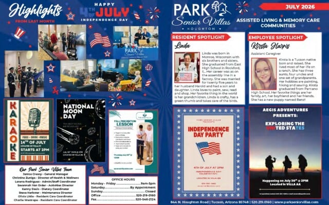 July 2026 promotional highlights page for Park Senior Villas Houghton Assisted Living and Memory Care Communities, set on a patriotic blue background with fireworks and Fourth of July decorations. The left side shows a collage of residents gathered for patriotic events, presentations and group activities. Below are posters for Karaoke on July 14 in Villa FF, National Moon Day on July 20 in Villa DD, and a Fall Prevention Lesson on July 23 at 10 AM in Villa CC. Bottom left includes an “Our Park Senior Villas Team” box with staff names and roles, plus an office hours box with weekday hours, Saturday by appointment, office number and fax. The right side features the Park Senior Villas Houghton logo and profile panels for resident Linda and employee Kirsta Harris, each with a portrait and biography. At the bottom right are posters for an Independence Day Party on July 4 at 2 PM in Villa GG and Aegis Adventures “Exploring the United States” on July 30 at 2 PM in Villa AA. The footer includes the Houghton address, phone number and website.