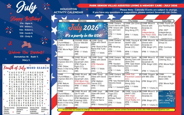 July 2026 Houghton Activity Calendar for Park Senior Villas Assisted Living and Memory Care, styled with patriotic fireworks and red, white and blue stripes. The left panel lists July birthdays for Signe H., Wilma L., Robert C., Carole R. and Cindy R., plus a welcome section for new residents Demetrius W., Ruth T. and Mary J. A Fourth of July word search fills the lower-left corner. The main calendar on the right covers July 1 through July 31 and includes daily activities such as Pantano Church Service, Move and Groove with Amanda or Savannah, Bingo, Young at HeART, Ice Cream Social, Jeopardy, karaoke, movie nights, discussion group, patriotic sing-along, meditation, Wheel of Fortune game and one-on-one visits. Highlighted events include an Independence Day party on July 3, karaoke on July 14, Moon Day social or game on July 20, Fall Prevention Lesson on July 23, a July Birthday Party on July 29 and Aegis Adventures virtual reality on July 30. A small key notes that “ALL” means all villas and “MC” means memory care activity. A footer says activities are subject to change and provides Savannah’s contact information.