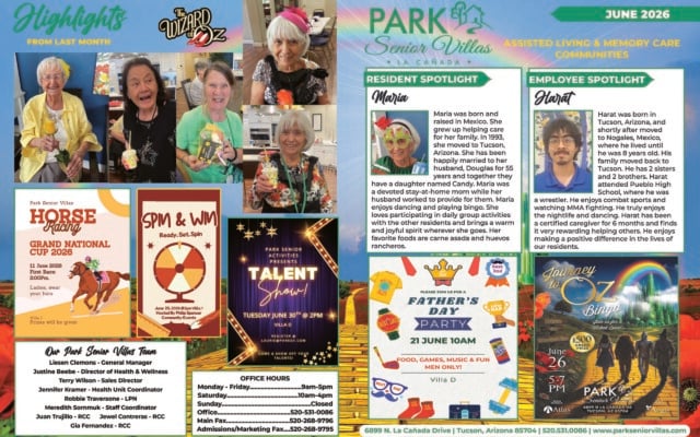June 2026 promotional highlights page for Park Senior Villas La Cañada Assisted Living and Memory Care Communities, styled with a Wizard of Oz rainbow background and yellow brick road. The left side is labeled “Highlights from Last Month” and shows a collage of smiling residents posing indoors with flowers and festive accessories. Below the photos are event posters for Horse Racing Grand National Cup 2026 on June 11 at 2 PM in Villa I, “Spin & Win” hosted by Philip Spencer Community Events on June 25 at 2 PM in Villa I, and a Talent Show on Tuesday, June 30 at 2 PM in Villa D. Bottom left includes an “Our Park Senior Villas Team” box listing staff and roles, along with an office hours box showing weekday and Saturday hours plus office and fax numbers. The right side features the Park Senior Villas La Cañada logo and two profile panels. The “Resident Spotlight” highlights Maria, with a portrait and biography describing her life in Mexico and Tucson, her long marriage, family, love of dancing and bingo, and her warm, joyful spirit. The “Employee Spotlight” features Harat, with a portrait and biography describing his Tucson and Nogales background, family, wrestling interests and dedication as a caregiver. At the bottom right are two large event posters: one for a Father’s Day Party on June 21 at 10 AM in Villa D with food, games, music and fun for men only, and one for “Journey to Oz Bingo” on June 26 from 5 to 7 PM with a $500 grand prize. The footer includes the La Cañada community address, phone number and website.