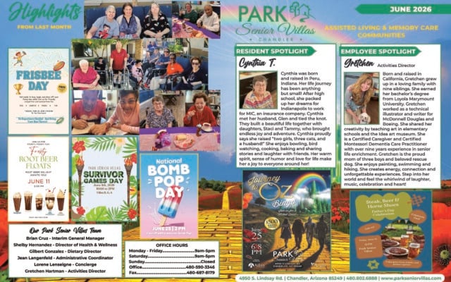 June 2026 promotional highlights page for Park Senior Villas Chandler Assisted Living and Memory Care Communities, set against a Wizard of Oz rainbow background with the yellow brick road leading toward the Emerald City. The top left is labeled “Highlights from Last Month” and features a collage of resident photos showing older adults smiling, socializing, dining and posing together indoors and outdoors. The left side also includes colorful event posters for Frisbee Day on Tuesday, June 30 at 10:00 AM in the courtyard, Frosty Root Beer Floats on June 11 at 2:00 PM, Survivor Games Day on June 5 at 10:00 AM in Villas B, G and A, and National Bomb Pop Day on June 25 at 2:00 PM. Bottom left includes an “Our Park Senior Villas Team” box listing staff names and roles, next to an office hours box with weekday and Saturday hours plus office and fax numbers. The right side features the Park Senior Villas Chandler logo and two profile panels. The “Resident Spotlight” highlights Cynthia T., with a portrait and biography describing her Indiana roots, family, sense of humor and love of bowling, bird watching, cooking and spending time with friends. The “Employee Spotlight” features Gretchen, Activities Director, with her portrait and biography describing her California background, education, creative career, dementia care experience, family and love of painting, swimming and hiking. At the bottom right are two large event posters: one for “Journey to Oz Bingo” on June 25 from 6 to 8 PM with a $500 grand prize, and one for “Steak, Beer & Horse Shoes” Father’s Day celebration on Friday, June 19 at 12 PM at Park Senior Villas. The footer includes the Chandler community address, phone number and website.