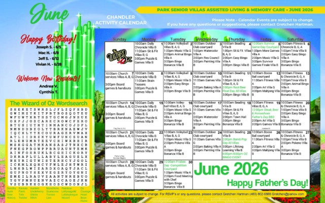 June 2026 Chandler Activity Calendar for Park Senior Villas Assisted Living and Memory Care, designed with a Wizard of Oz theme featuring the Emerald City, rainbow sky and yellow brick road. The left panel includes a “Happy Birthday!” list naming Joseph S. on June 5, Mac H. on June 8, Jeff S. on June 12 and Vivian H. on June 28. Below that is a “Welcome New Residents!” section listing Andrea V. and Cynthia T., followed by a large Wizard of Oz word search with themed words such as Dorothy, Kansas, Scarecrow, Munchkins, Rainbow and Courage. The main calendar grid on the right covers June 1 through June 30 and contains daily activities such as daily chronicle, sit and fit, puzzle and games, volleyball, music, animal bingo, outdoor club, watercolor, painting, beading, easy bingo, bocce ball, fitness, trivia and one-on-one visits. Highlighted events in green include Survivor Game Day in the courtyard on June 5 at 10:00 AM, Root Beer Float Day for all villas on June 11 at 2:00 PM, Steak, Beer and Horseshoes Father’s Day BBQ on June 19 at 12:00 PM, Bomb Pop Day for all villas on June 25 at 2:00 PM, an Oz Bingo Event on June 25 from 6:00 to 8:00 PM, and Frisbee Day competition in the courtyard on June 30 at 10:00 AM. A large green message at the bottom reads “June 2026 — Happy Father’s Day!” and the footer says activities are subject to change with RSVP contact information for Gretchen Hartman.