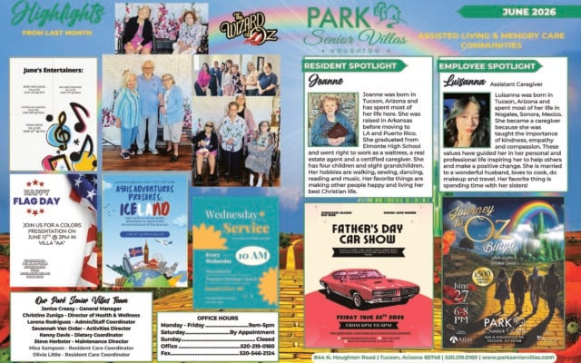 June 2026 Houghton Activity Calendar for Park Senior Villas Assisted Living and Memory Care, designed with a bright “Wizard of Oz” theme featuring an Emerald City graphic, rainbow sky, yellow brick road and a large monthly calendar on the right. The left panel includes a “Happy Birthday!” list with resident birthdays for Patricia C. on June 8 and Doris “Idell” L. on June 11, plus a “Welcome New Residents!” section listing Carol E. and Pam H. A large “Wizard of Oz Wordsearch” fills the lower-left corner with themed words such as Dorothy, Kansas, Auntie Em, Munchkins, Rainbow and Wizard. The main calendar grid shows activities for June 1 through June 30, with a key noting that “AA-II” means all villas and “MC” means memory care. Daily activities include Move and Groove with Savannah, Good Vibes with David, Pantano Church Service, Sit & Get Fit with Amanda, walk and talk sessions, chair yoga, current events, trivia, bracelet making, balloon tennis, bowling, origami, creative coloring and movie matinees. Special events highlighted in color include Men’s Health Month lesson on June 1, a themed painting activity on June 2, Young at HeART and Zen Zone on June 4, a Flag Day presentation on June 12, Juneteenth documentary on June 19, a June birthday party on June 24, Father’s Day Car Show on June 26 in Cul-de-Sac, and a Wizard of Oz Bingo Event on June 27 in AA. A large green banner at the bottom reads “June 2026 — It’s summertime and the living is easy!” and the footer notes that activities are subject to change and provides RSVP contact information for Savannah Van Order.