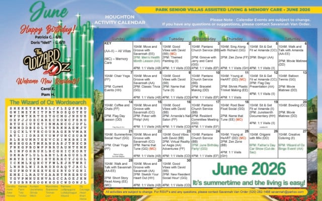 June 2026 promotional highlights page for Park Senior Villas Houghton Assisted Living and Memory Care Communities, styled with a Wizard of Oz rainbow background and yellow brick road. The top left is labeled “Highlights from Last Month” and shows a collage of resident photos, including small groups smiling and posing indoors against a floral backdrop. A “June’s Entertainers” poster lists performers and dates, including Jerry and Carol, Richard Jennings, Gloria Williamson and Frank Ross. Additional event flyers on the left advertise Happy Flag Day with a colors presentation on June 12 in Villa AA, an Aegis Adventures virtual trip to Iceland on June 23 at 2 PM in Villa AA, and a Wednesday Service held every Wednesday at 10 AM presented by Pantano Christian Church in Villa BB. Bottom left includes an “Our Park Senior Villas Team” box with staff names and roles, next to an office hours box listing weekday hours, Saturday by appointment, Sunday closed, and office and fax phone numbers. The right side features the Park Senior Villas Houghton logo and two profile panels. The “Resident Spotlight” highlights Joanne, with her portrait and biography describing her Tucson background, family, hobbies and faith. The “Employee Spotlight” features Luisanna, an assistant caregiver, with her portrait and biography describing her Tucson and Nogales roots, values of empathy and compassion, and her love of cooking, makeup, travel and spending time with her sisters. At the bottom right are two large event posters: one for a Father’s Day Car Show on Friday, June 26, 2026 from 6 PM to 8 PM, and one for a “Journey to Oz Bingo” event on June 27 from 6 PM to 8 PM with a $500 grand prize. The footer includes the Houghton community address, phone number and website.
