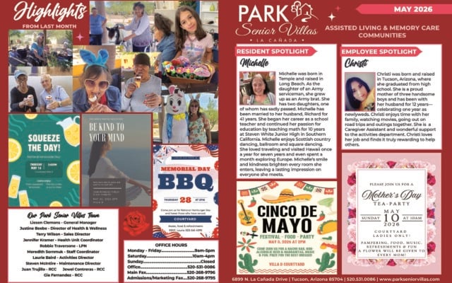 May 2026 promotional highlights page for Park Senior Villas La Cañada Assisted Living and Memory Care Communities, set on a rich red background with white and pink accents. The left side is titled “Highlights from Last Month” and includes a collage of candid photos showing residents outdoors and indoors, smiling, gardening, enjoying cupcakes, posing with an Easter bunny and spending time with children. Below the photo collage are promotional flyers for National Lemonade Day on Thursday, May 14 at 2:00 PM in Courtyard Villa D, a Mental Health Day event called “Be Kind to Your Mind” on May 26, 2026 at 2:00 PM in Villa D, and a Memorial Day BBQ on Thursday the 28th at 2:00 PM in the courtyard. Bottom left contains an “Our Park Senior Villas Team” box listing staff and roles, plus an office hours box with weekday and Saturday hours, office phone and fax numbers. The right side features the Park Senior Villas La Cañada logo and two profile panels: a “Resident Spotlight” for Michelle with her portrait and biography describing her Arizona and California background, teaching career, family, travel and love of dancing, and an “Employee Spotlight” for Christi with her portrait and biography describing her Tucson roots, family, role as a caregiver assistant and support for the activities department. At the bottom right are two large event flyers: one for a Cinco de Mayo festival and food party on May 5, 2026 at 2:00 PM in the Villa D Courtyard, and one for a Mother’s Day Tea-Party on Sunday, May 10, 2026 at 10:00 AM in the courtyard for ladies only, featuring pampering, food, music, refreshments and a flower for every mom. The footer includes the community address, phone number and website.