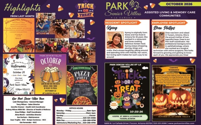Park Senior Villas La Cañada October 2026 highlights newsletter for assisted living and memory care with a Halloween theme. The page includes photos of residents and staff from recent community activities and flyers for National Caramel Apple Day on October 15, a Halloween Costume Party on October 29, October Fest on October 13, a Pizza Party on October 9, Trick or Treat on October 22 and a Pumpkin Carving Workshop on October 27. The resident spotlight features Kyong, an Arizona resident originally from Korea who enjoys Korean cooking, shopping, sewing, bingo, crafts and spending time with friends. The employee spotlight features staff coordinator Drea Phillips and highlights her ophthalmology and surgical technician background. The page also lists the La Cañada team, office hours, address and contact information.