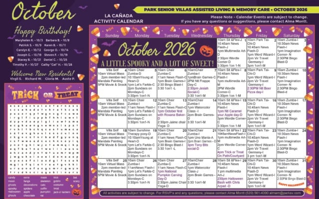 Park Senior Villas La Cañada assisted living and memory care activity calendar for October 2026 with a purple Halloween design featuring candy corn, bats and a jack-o’-lantern. Daily activities include chair Zumba, Sit and Flex, Tai Chi, News Flash, brain games, bingo, watercolors, multimedia art, virtual travel, Mandala painting, movies and one-on-one visits. Featured events include Jesiah Social on October 7, National Beer and Pizza Day on October 9, October Fest with Roxana Baker on October 13, National Caramel Apple Day on October 15, Tony Bits Social on October 21, Trick or Treat on the Patio and Courtyard on October 22, National Pumpkin Carving Day on October 27 and a Halloween Bash with Chris Arpad on October 29. The left panel lists October birthdays, welcomes new residents and includes a Halloween word search.