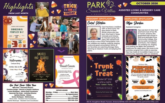 Park Senior Villas Houghton October 2026 community highlights newsletter for assisted living and memory care. The Halloween-themed page includes photos of residents participating in recent activities and promotional flyers for Indigenous Peoples’ Day on October 12, a Halloween Costume Party on October 31, S’mores and Stories on October 16, Breast Cancer Awareness Month programming on October 8, Trunk or Treat on October 26 and Pumpkin Painting on October 23. A resident spotlight introduces Carol Herbin, describing her background, interests in reading, walking, cards, classical music and piano. An employee spotlight features assistant caregiver Mya Jordan and describes her healthcare experience, interests and involvement with residents. The page also lists the Houghton Park Senior Villas team, office hours and community contact information.