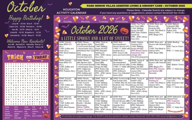 Park Senior Villas Houghton assisted living and memory care activity calendar for October 2026, presented with a purple Halloween theme featuring candy corn, bats and a jack-o’-lantern. The calendar includes daily activities such as church services, fitness with Myrlene, walking groups, trivia, bingo, knitting and crochet, library hour, movies and one-on-one visits. Featured events include Breast Cancer Awareness Chat on October 8, Rodeo City Wreckettes on October 13, Fall Prevention Lesson on October 15, S’mores and Stories on October 16, Rita High School Art Students Visit and Pizza Party on October 21, Pumpkin Painting on October 23, Trunk or Treat on October 26, Halloween Cookies on October 29 and a Costume Halloween Party on October 31. The left side lists October resident birthdays and welcomes new residents and includes a Halloween-themed word search.