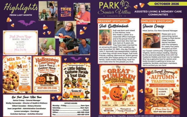Park Senior Villas Chandler October 2026 community highlights newsletter for assisted living and memory care with Halloween graphics and photos from recent resident activities. Event flyers promote Pink Power Bingo on October 8, an M&M cookie creation event on October 13, Halloween Courtyard Trick or Treat and Outdoor Movie on October 29, Little Goblins Costume Parade and Treat Walk on October 30, Great Pumpkin Carving and Painting Contest on October 22 and Autumn Traditions on October 16. The resident spotlight features Judi Quetschenbach, who enjoys friends, crafting, diamond art, board games, cards, dining out and family time. The employee spotlight introduces new General Manager Janice Creasy and describes her background, family and appreciation for seniors. The page also provides the Chandler staff roster, office hours, address and community contact information.