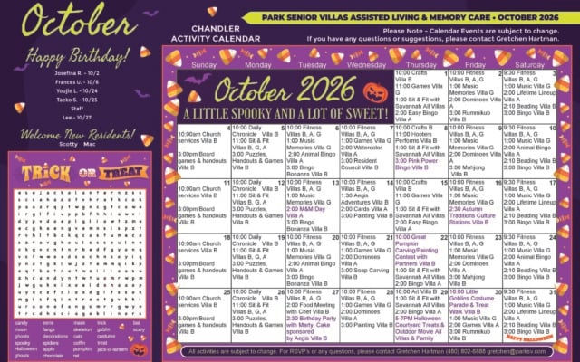 Park Senior Villas Chandler assisted living and memory care activity calendar for October 2026, decorated with Halloween candy corn, bats and a jack-o’-lantern. Recurring activities include church services, Daily Chronicle, Sit and Fit, fitness, music memories, crafts, games, bingo, animal bingo, dominoes, Rummikub, puzzles and board games. Special October events include Pink Power Bingo on October 8, M&M Day on October 13, Autumn Traditions Culture Stations on October 16, Great Pumpkin Carving and Painting Contest on October 22, a birthday party with cake on October 27, Halloween Courtyard Treats and an Outdoor Movie on October 29 and a Little Goblins Costume Parade and Treat Walk on October 30. The left side lists October birthdays, welcomes new residents and includes a Halloween-themed word search.