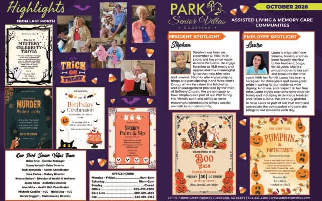 Park Senior Villas Goodyear October 2026 highlights newsletter for assisted living and memory care featuring Halloween graphics and photos of residents enjoying recent activities. Promotional flyers highlight Mystery Celebrity Trivia on October 15, Masquerade Murder Mystery Party on October 22, Birthday Celebration on October 29, Spooky Paint and Sip on October 10, Boo Bash on October 30 and Pumpkins and Partnerships on October 8. The resident spotlight features Stephan, who enjoys R&B music, bingo and the Wise Men’s Group at Refinery Church. The employee spotlight features caregiver Laura, who has worked in caregiving for three years and enjoys family time and Mexican and Italian cuisine. The page also includes the Goodyear staff roster, office hours, address and contact information.