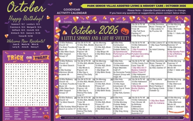 Park Senior Villas Goodyear assisted living and memory care activity calendar for October 2026 with a purple Halloween theme featuring candy corn, bats and a jack-o’-lantern. Regular activities include Sit and Fit, morning exercise, brain fitness, bingo, Bible study, movies, puzzles, music therapy, Loteria, coloring, word search and one-on-one visits. Featured events include Spooktacular Performance and Pumpkin Decorating on October 8, Spooky Paint and Sip on October 10, Mystery Celebrity Edition Trivia on October 15, Tea and Treats Social on October 21, Masquerade Murder Mystery Party on October 22, a birthday celebration on October 29 and a Boo Bash with DJ Adriana on October 30. The left panel lists October birthdays, welcomes new residents and includes a Halloween word search.