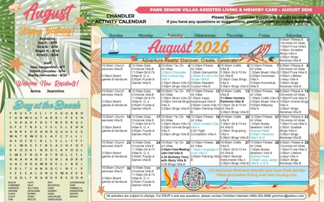 Beach-themed August 2026 activity calendar for Park Senior Villas Chandler assisted living and memory care in Chandler, Arizona. Daily activities include church services, fitness, trivia, music, bingo, crafts, painting, resident council, card games and special programs such as Chocolate Chip Cookie Day, an Elvis performance, Aegis Adventures, National Aviation Day, Science Week volcano and lava-lamp activities, a food meeting and birthday party. The left side lists resident and staff birthdays, welcomes new residents and includes a beach-themed word search.