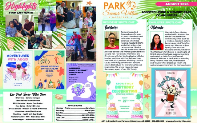 August 2026 Park Senior Villas Goodyear newsletter featuring photographs of residents socializing, dancing and participating in community programs. Promotional flyers highlight an Aegis virtual reality adventure, National Senior Citizens Day ice cream social, dementia family support group, monthly birthday celebration and root beer float event. The newsletter includes a resident spotlight on Barbara, a longtime Arizona resident and former certified nursing assistant, and an employee spotlight on medical assistant Marcela, who has served the community since 2009.