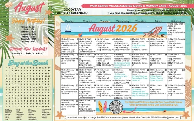 Beach-themed August 2026 activity calendar for Park Senior Villas Goodyear assisted living and memory care in Goodyear, Arizona. Scheduled activities include church services, Sit & Fit, chair Zumba, brain fitness, bingo, movies, Bible study, crafts, music therapy, puzzles and one-on-one visits, along with special events such as Root Beer Float Day, a dementia family support group, Aegis virtual reality, an end-of-summer carnival, Senior Citizens Day ice cream social and monthly birthday celebration. The left panel lists August birthdays and new residents and contains a “Day at the Beach” word search.