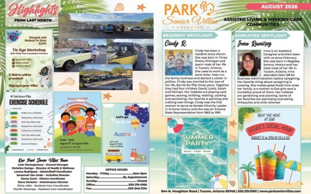 August 2026 Park Senior Villas Houghton newsletter featuring photographs of residents at a classic car gathering and promotional flyers for a tie-dye workshop, exercise classes, intergenerational playgroup, virtual travel to Australia, summer party and Eegee’s social hour. The newsletter includes a resident spotlight on Cindy R., an Arizona resident, former state representative and active community participant, and an employee spotlight on assistant caregiver Irma Ramirez. Staff names, office hours and contact information appear along the bottom.