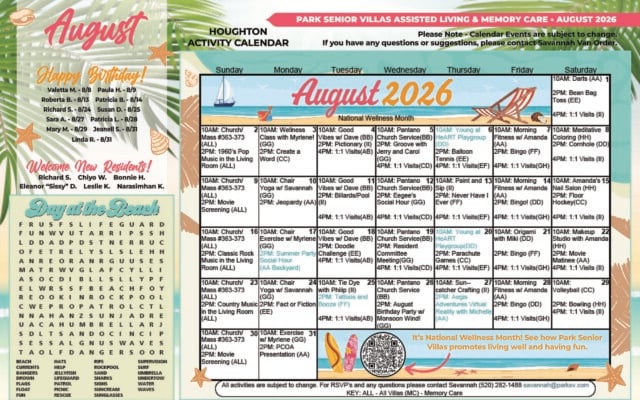 Beach-themed August 2026 activity calendar for Park Senior Villas Houghton assisted living and memory care in Tucson, Arizona. The calendar lists daily activities such as church services, chair yoga, fitness classes, bingo, movies, crafts, resident meetings, one-on-one visits and special events including a summer party social hour, tattoos and booze gathering, Aegis virtual reality adventure, National Senior Citizens Day ice cream social and August birthday party. The left panel recognizes resident birthdays and new residents and includes a “Day at the Beach” word search.