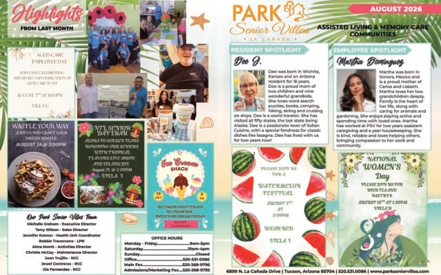 August 2026 Park Senior Villas La Cañada newsletter with photographs of residents, staff celebrations, community donations and tropical-themed activities. Featured event flyers promote Aged Care Employee Day, a waffle-making activity, National Senior Citizens Day luau, an ice cream sundae event, watermelon festival and National Women’s Day high tea. The page also highlights resident Dee J., who enjoys travel, books, puzzles and Italian cooking, and assistant caregiver Martha Dominguez, who enjoys family time, gardening and helping residents.