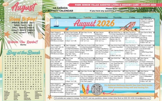 Beach-themed August 2026 activity calendar for Park Senior Villas La Cañada assisted living and memory care in Tucson, Arizona. The schedule includes gospel and hymns, chair Zumba, Soul Drums, dance, bingo, crafts, news discussions, movies, one-on-one visits and special activities such as a watermelon festival, National Women’s Day high tea, ice cream social, waffle-making event and Senior Citizens Day luau. The left side recognizes resident birthdays, welcomes a new resident and provides a beach-themed word search.