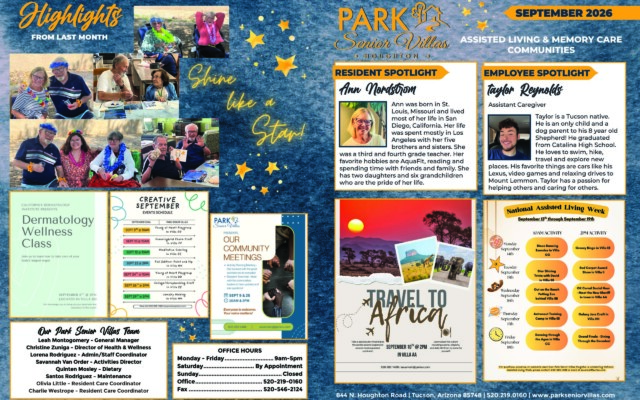 September 2026 Park Senior Villas Houghton highlights newsletter featuring photos of residents enjoying outdoor and indoor community activities. The page includes a resident spotlight on Ann Nordstrom, an employee spotlight on assistant caregiver Taylor Reynolds and featured events including a dermatology wellness class, Creative September activities, community meetings, virtual travel to Africa and a full National Assisted Living Week schedule with themed daily activities.