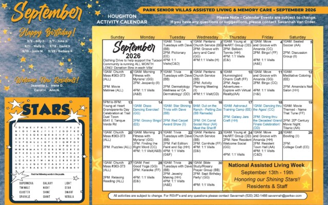 September 2026 assisted living and memory care activity calendar for Park Senior Villas Houghton with resident birthdays, new resident welcomes and a star-themed word search. The schedule includes trivia, church services, fitness, movies, crafts, bingo, discussion groups, virtual reality, karaoke, social events and individual visits. National Assisted Living Week is highlighted September 13–19 with special events such as disco dancing, star-themed trivia, a ranch outing, astronaut training and a grand finale celebration.