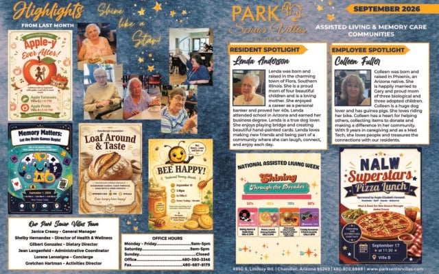 September 2026 highlights newsletter for Park Senior Villas Chandler featuring photos of residents enjoying activities and a “Shine Like a Star” theme. The page includes a resident spotlight on Lenda Anderson, an employee spotlight on Colleen Fuller and promotions for Johnny Appleseed Day, Memory Matters brain games, a sourdough tasting, honey-themed social, National Assisted Living Week decade celebrations and a Superstar Pizza Lunch.