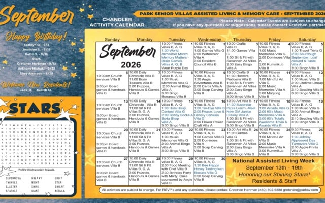 September 2026 assisted living and memory care activity calendar for Park Senior Villas Chandler featuring resident and staff birthdays, new resident welcomes and a star-themed word search. Activities include fitness, music memories, crafts, games, bingo, watercolors, trivia, resident council, virtual adventures and themed social events. National Assisted Living Week runs September 13–19 with decade-themed activities including a hula hoop contest, bobby socks and soda shop event, tie-dye, pizza lunch and an 80s music celebration.