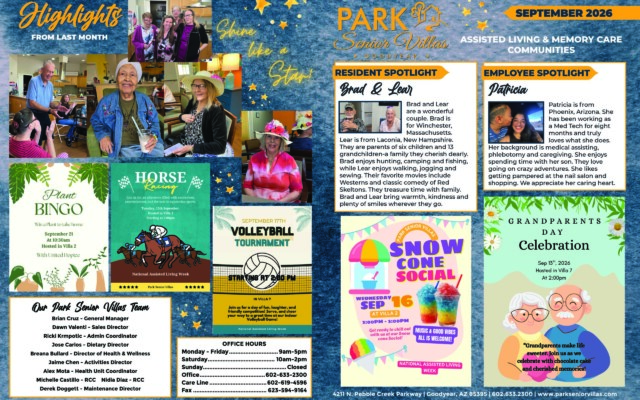 September 2026 Park Senior Villas Goodyear highlights newsletter with photos of residents socializing and participating in community activities. The page includes a resident spotlight on couple Brad and Lear, an employee spotlight on Patricia, and event promotions for Plant Bingo, horse racing, volleyball, a snow cone social, Grandparents Day and National Assisted Living Week activities celebrating residents and staff.