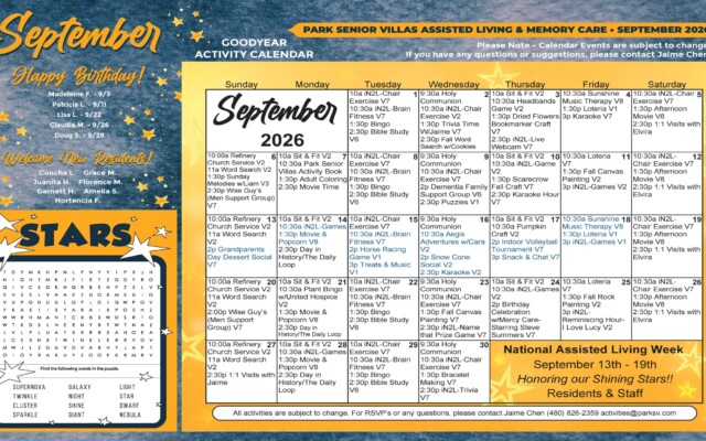 September 2026 assisted living and memory care activity calendar for Park Senior Villas Goodyear with resident birthdays, new resident welcomes and a star-themed word search. Scheduled activities include chair exercise, brain fitness, bingo, Bible study, trivia, crafts, music therapy, movies, support groups, social events and one-on-one visits. National Assisted Living Week is celebrated September 13–19 with special activities including games, horse racing, a snow cone social, volleyball and karaoke.