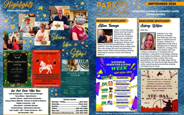 September 2026 highlights newsletter for Park Senior Villas La Cañada featuring photos of residents participating in activities, a resident spotlight on Lillian Tamayo and an employee spotlight on Director of Health and Wellness Aubrey Wilson. Featured events include a Mexico Independence Party, Horses and Smiles therapy visit, sound bath experience, National Assisted Living Week activities and a Western-themed celebration on September 18.