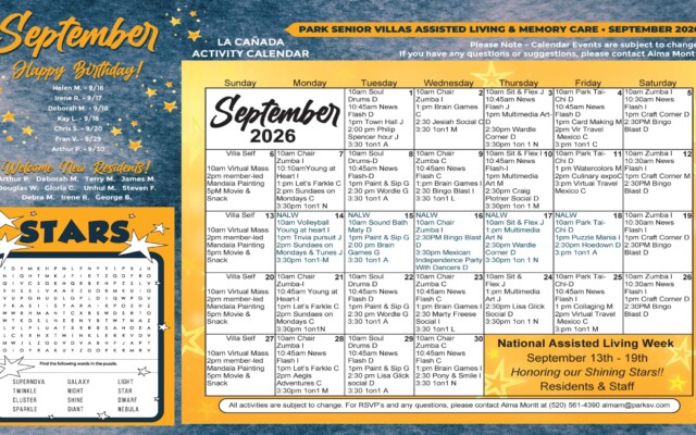 September 2026 assisted living and memory care activity calendar for Park Senior Villas La Cañada, featuring a star-themed design, resident birthdays and new resident welcomes. The monthly schedule includes fitness, chair Zumba, soul drums, news discussions, brain games, crafts, bingo, virtual travel, social hours, movies and one-on-one visits. National Assisted Living Week is highlighted September 13–19 with the theme “Honoring Our Shining Stars,” and a star-themed word search appears at left.